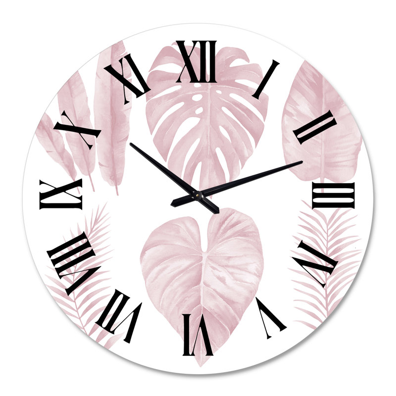 Horloge murale tropicale à feuilles d'aquarelle rose I - Shabby Elegance, Surdimensionné