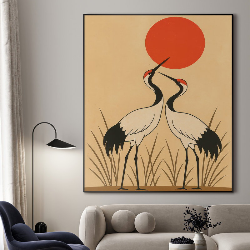 Très grande reproduction d'art sur tissu - Deux grues à couronne rouge sous le soleil rouge, décoration pour le salon ou la chambre à coucher - «Assemblage requis du cadre (cadre non fini)»