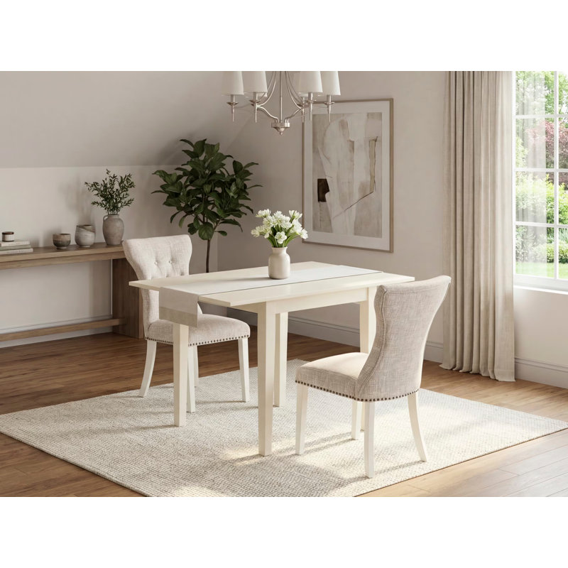 Rectangular Solid Wood Top With Dropleaf Dining Table Set, Linen White, Gray,  3 Pieces: 1 Table, 2 Chairs