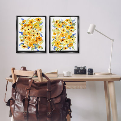 Golden Cosmos with Blue Berries 2 PC Framed Floater Canvas Set by Alexandria Gilbert Kincaid