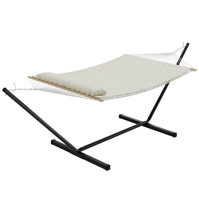 Heavy Duty Double Hammock with Stand – 2 Person Cotton Rope Outdoor Patio Bed with Reversible Quilted Pad & Hardwood Spreader Bars – 475lbs Capacity – Portable for Balcony, Camping, Indoor Use