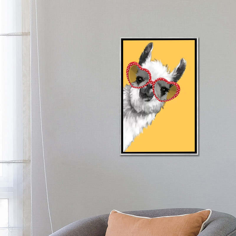Art de llama mode avec verres à hipster, H 26 po x l 18 po x P 1,5 po, Toile avec cadre argenté