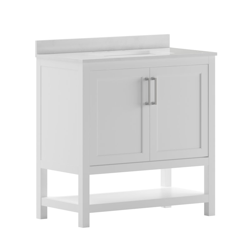 Castielle 36'' Bathroom Vanity with Undermount Sink and Open Storage Shelf, Nickel, White