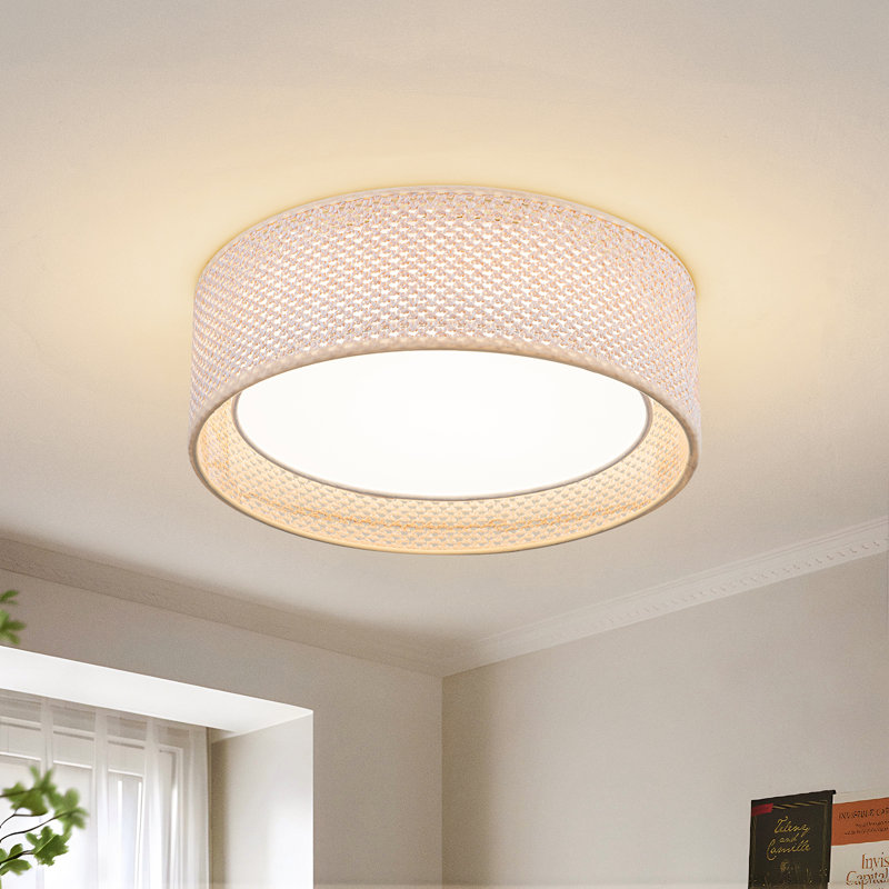 5-Cct Hand-Woven Rattan Drum Flush Mount Ceiling Light, 12.6"W
