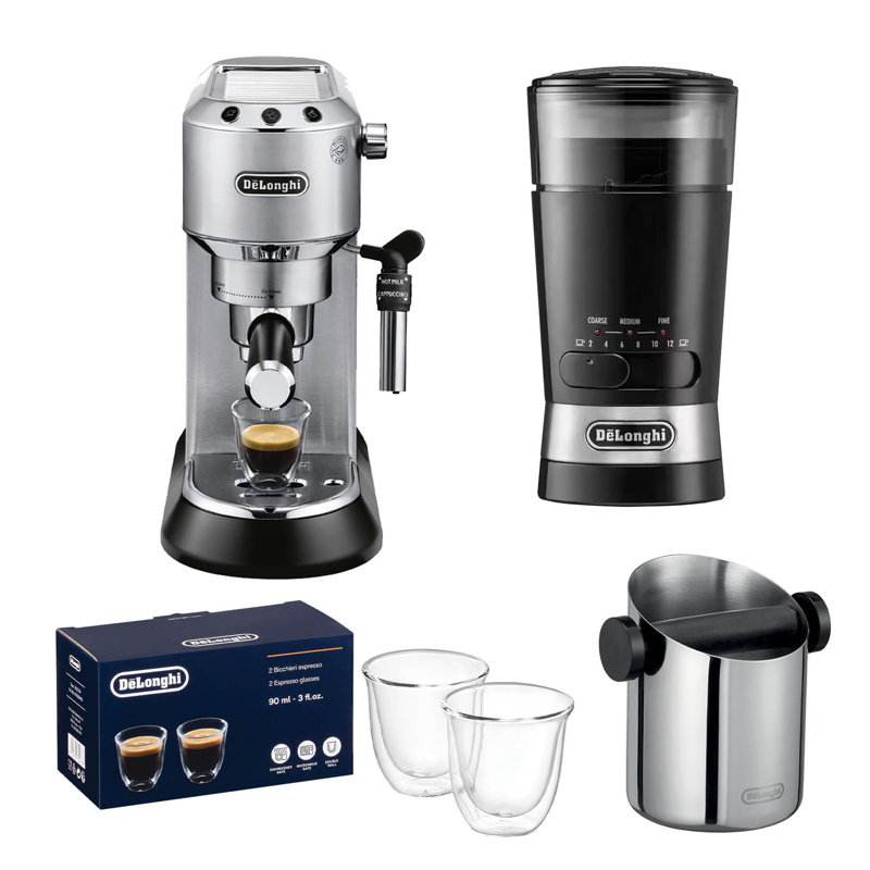 Dedica Arte Coffee Machine, Knock Box, Grinder & Latte Glasses Beige, Silver