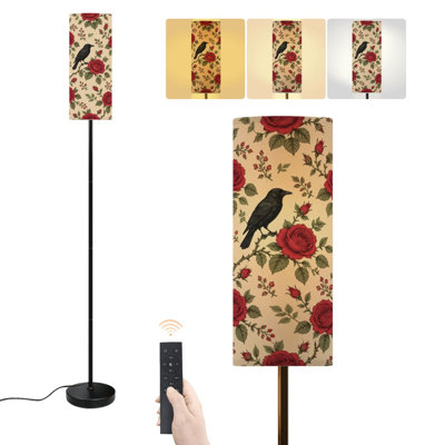 Lampe sur pied noire à motif floral vintage complexe, ornée de corbeaux et de roses, style gothique beige. Lampe sur pied moderne à intensité variable avec télécommande et interrupteur au pied. Abat-jour. Parfait pour le salon, la chambre ou le bureau.