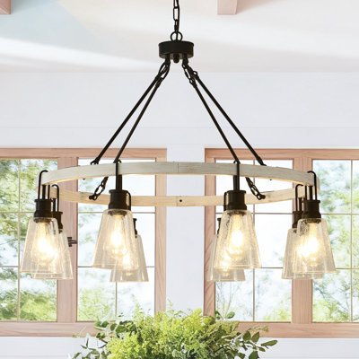 Farmhouse Rustic Wagon Wheel Chandeliers With Seeded Glass Shade, 16 Lights Faux Wood Chandelier High Ceiling Round Pendant Light For Dining Room Living Room Entryway Foyer