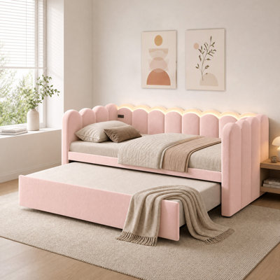 Lit de jour simple en velours avec couchette, lit de jour festonné avec lumière DEL et port USB