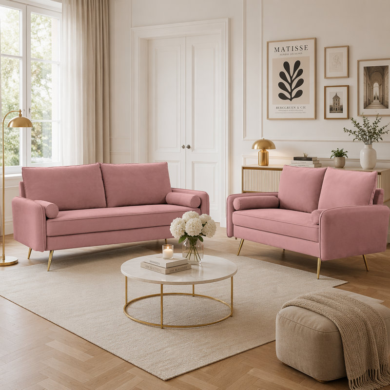 Ensemble de canapés en velours 2 pièces avec pieds en métal doré, 70" W, Rose Polyester