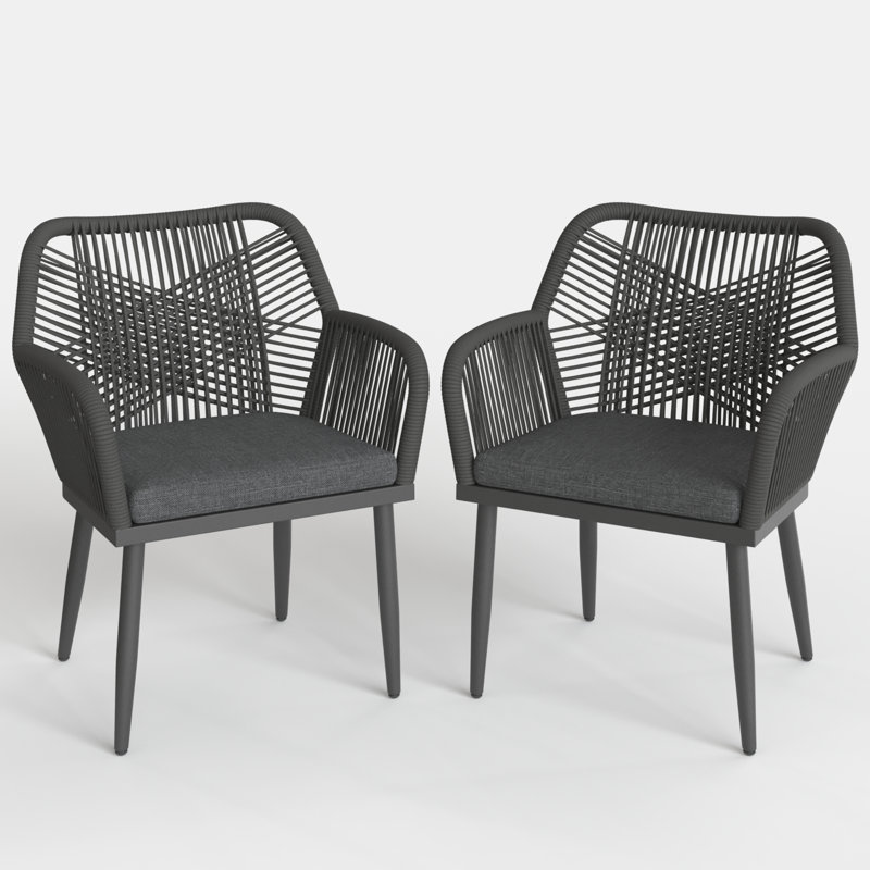 Patio Dining Armchair with Cushion, Beige Cushion/Brown Wood Frame
