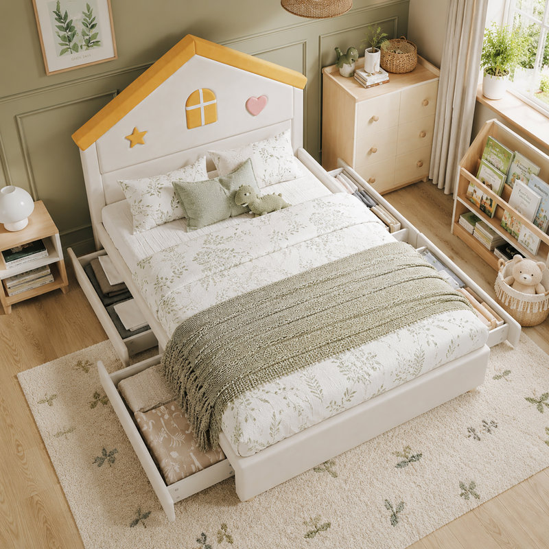 Drawers House Bed, 140x200 cm, Beige