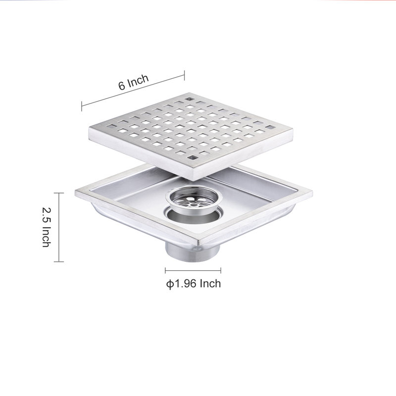 6 in. x 6 in. Stainless Steel Square Shower Drain with Square Pattern Drain Cover, Brushed Nickel