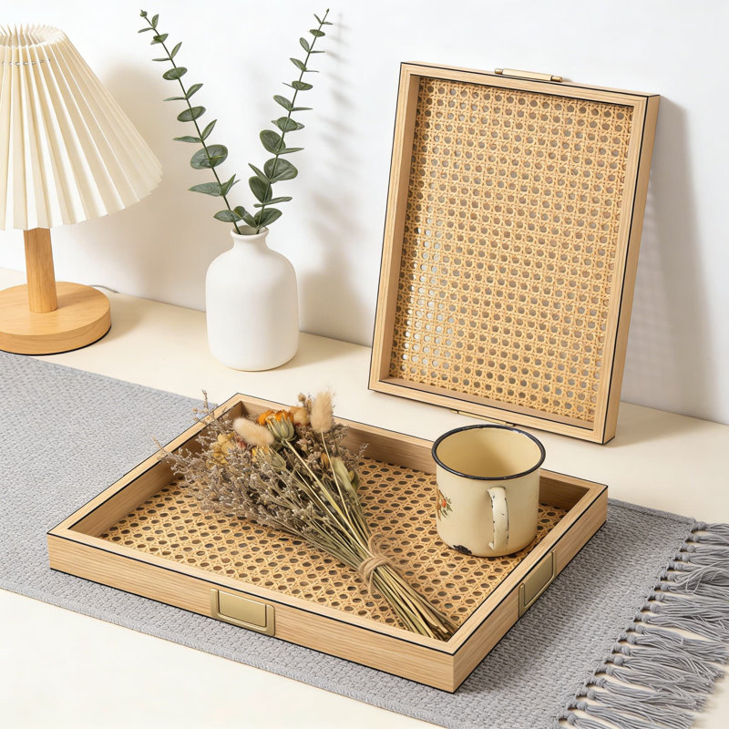 Rattan And Wood Serving Tray Set With Metal Handles, Decorative Food And Beverage Tray For Coffee Table, Breakfast, Kitchen, And Party Serving