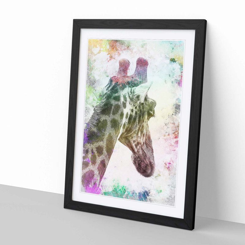 Giraffe Facing the Rainbow in Abstract - Picture Frame Painting Print, 65cm H x 48cm W x 2cm D, Black Framed
