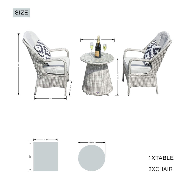 Abrihome 3-piece Outdoor Bistro Set With Round Pe Wicker Table And Cushioned Chairs, White