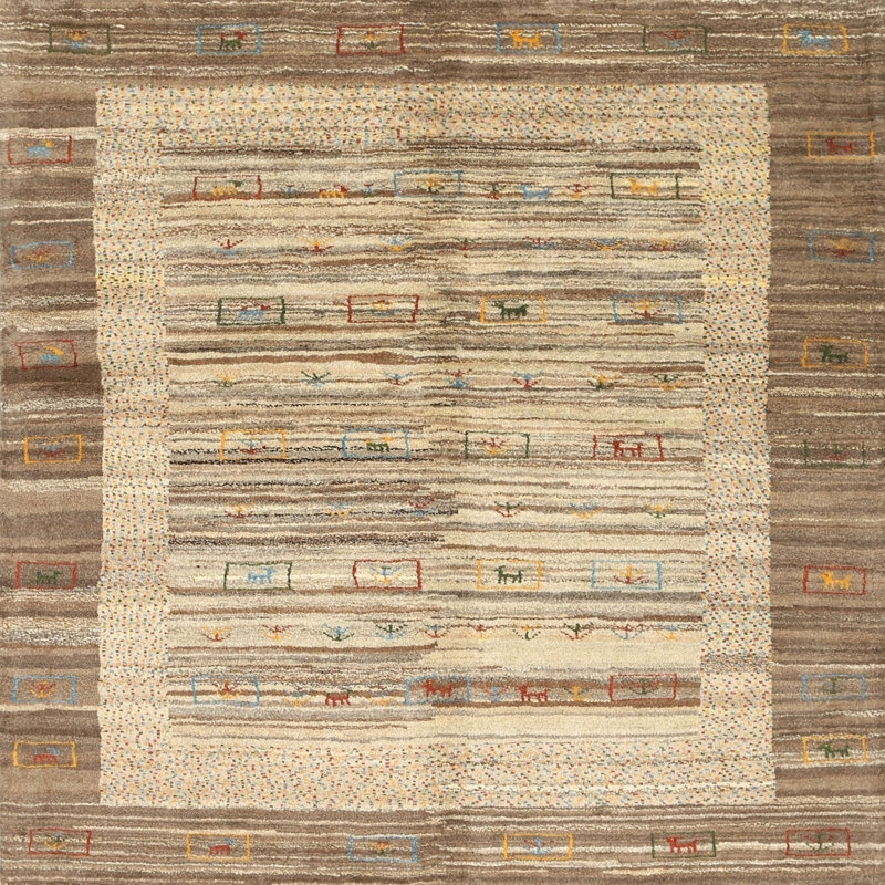 Tapis contemporain beige / olive clair, Carré 6 pi