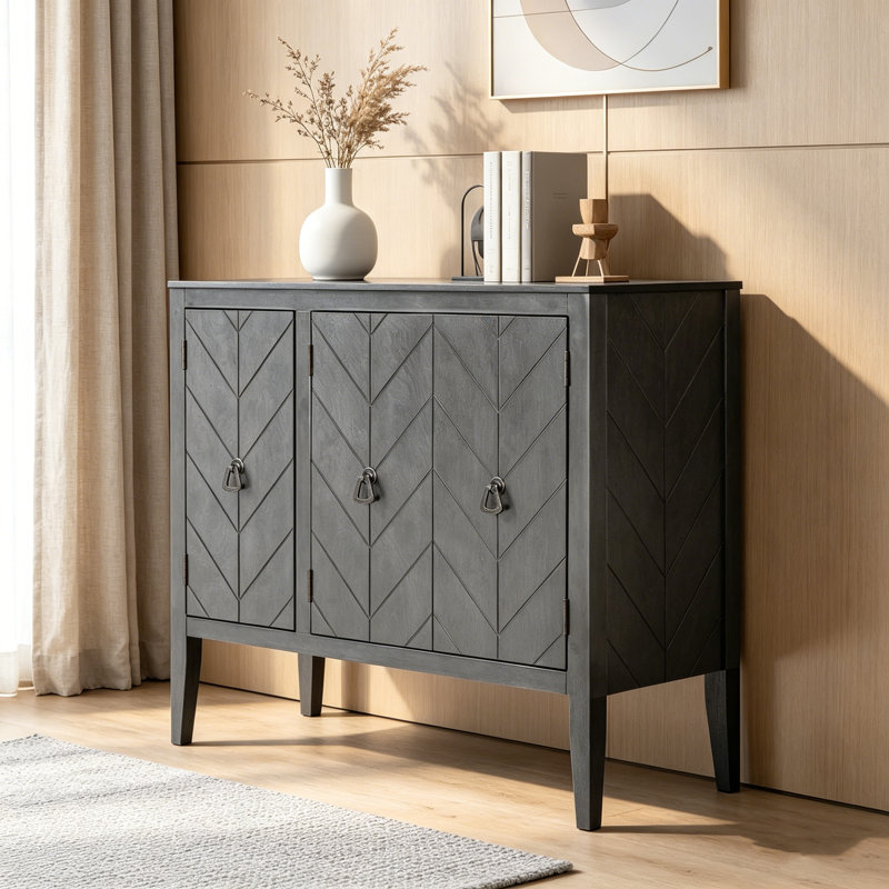 Buffet à tablette réglable rétro avec 3 poignées en métal et 4 pieds en pin, solution de rangement multi-pièces, Gris