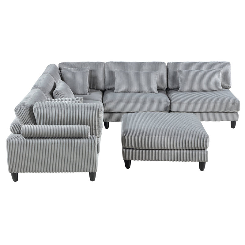 Modulaire moderne modulaire en velours côtelé gris 6 pièces pour la maison, 2 sièges d'angle, 3 chaises sans accoudoirs, 1 structure en bois massif et contreplaqué, rembourrage en mousse, 7 coussins, 6 velours côtelé pour le salon, pieds inclus