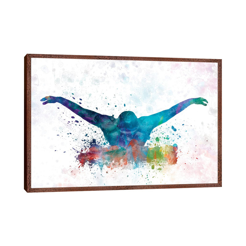 Swimming Silhouette II by Paul Rommer - Painting on Canvas, 101.6 cm H x 66.04 cm W, Classic Brown Wood Framed