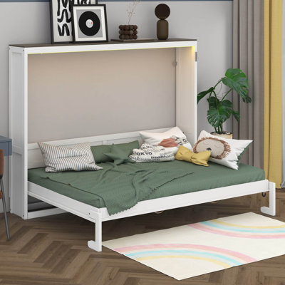 Full Size Murphy Bed With LED Light, Foldable Bed Frame With Storage Shelf