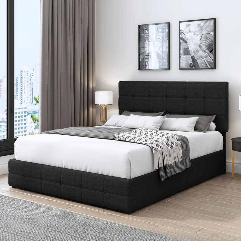 Andam Linen Upholstered Standard Bed, 4 Drawer Storage Platform Bed, Queen, Dark Gray