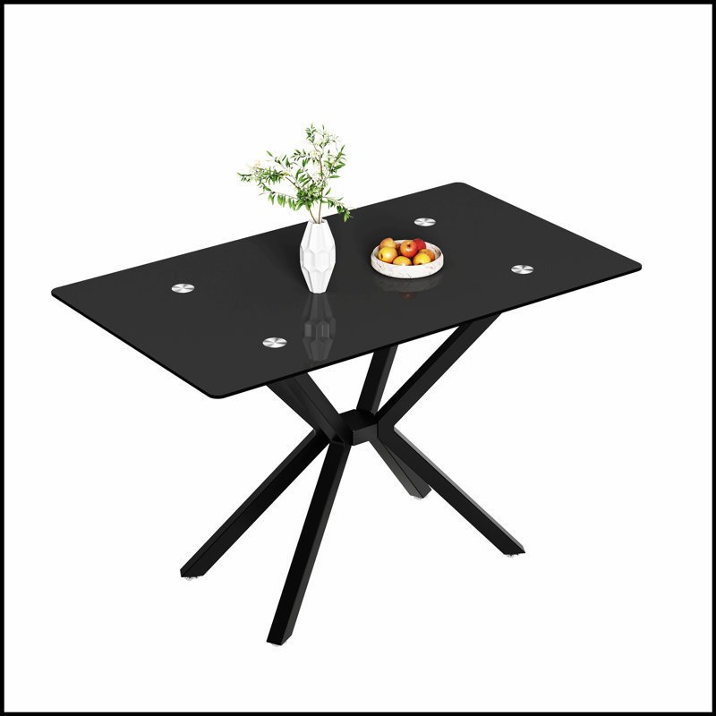 47.24 Inch Rectangular Tempered Glass Dining Table, Stylish Design with Black Metal Legs for Modern Kitchens and Dining Rooms