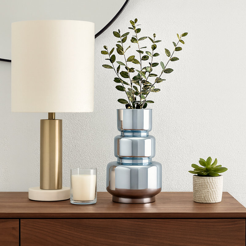 Tiered Sculptural Glass Vase for Table Home Decor - Contemporary Smoked Flower Vase Accent for Tabletop, Shelf, or Console Styling - Blue & Silver