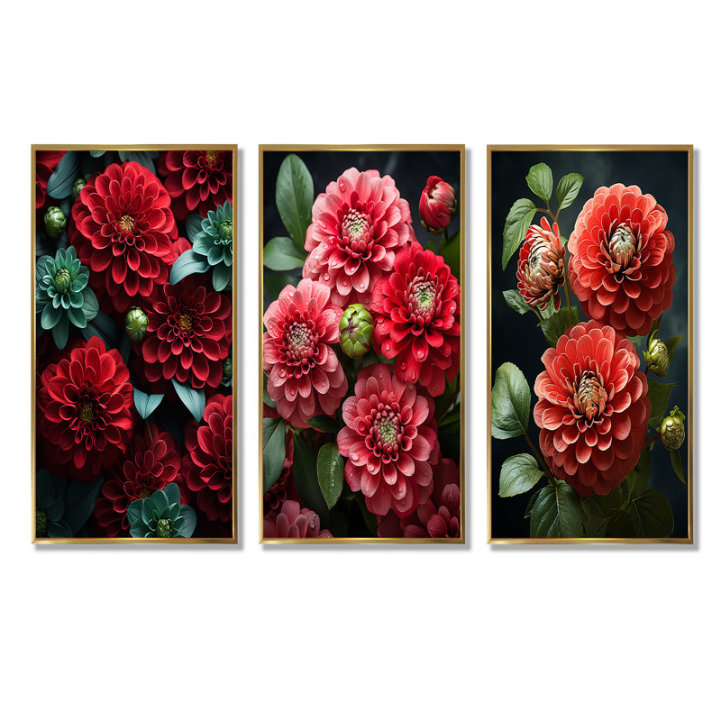 Red Zinnias Blooms I - ensemble de 3 décorations murales fleurs rouges, Cadre flottant doré, H 28 po x l 36 po