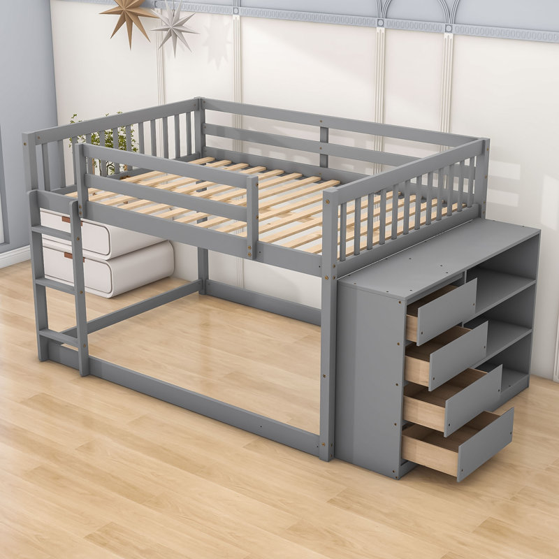 Lit superposé en bois avec tiroirs et tablettes de rangement, Gris, Lit superposé double sur double