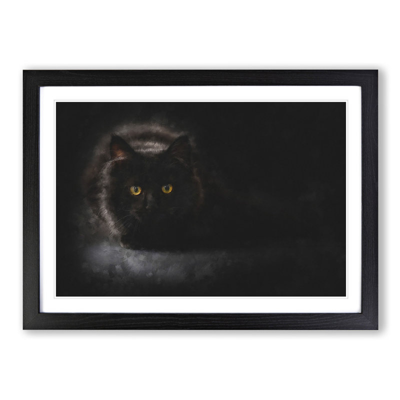 Black Cat with Yellow Eyes - Picture Frame Painting Print, 62cm H x 87cm W x 2cm D, Black Framed