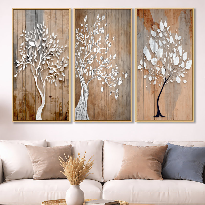 Arbre blanc de la vie sur bois - Décoration murale encadrée 3 panneaux, H 40 po x l 60 po, Cadre flottant en bois naturel
