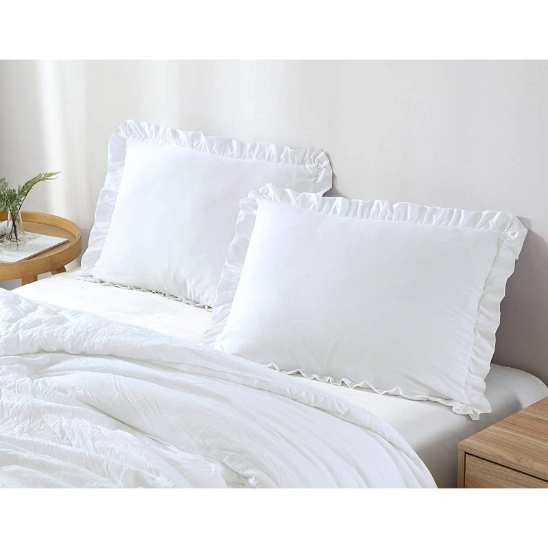 Nora Washed Microfiber Ruffled Comforter Set, White, King Comforter + 2 King Shams