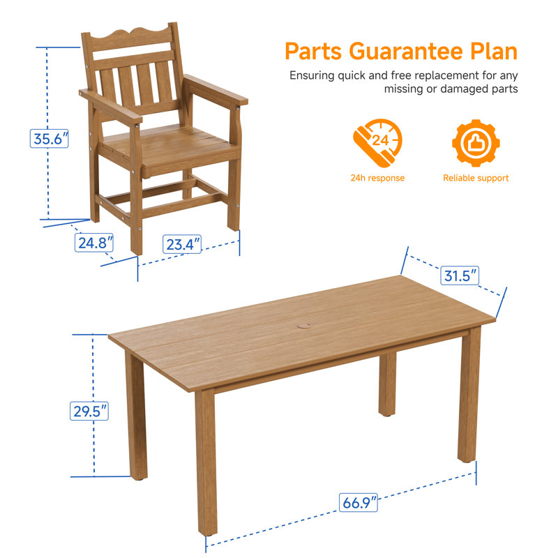  7 PCS Outdoor Dining Set with Umbrella Hole, HIPS All Weather Patio Table and 6 Chairs, Ergonomic Seats for Patio, Yard, Poolside