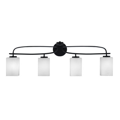 Barre d'éclairage de salle de bain 4 lumières Bucherie Cavella, fini noir mat avec verre mousseline carré de 4 po