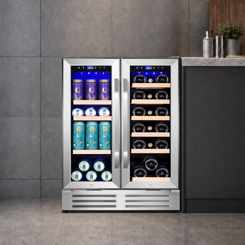 24 Inch Dual Zone Built-In and Freestanding Wine & Beverage Refrigerator - 18 Bottle & 57 Can Capacity, Stainless Steel Frame