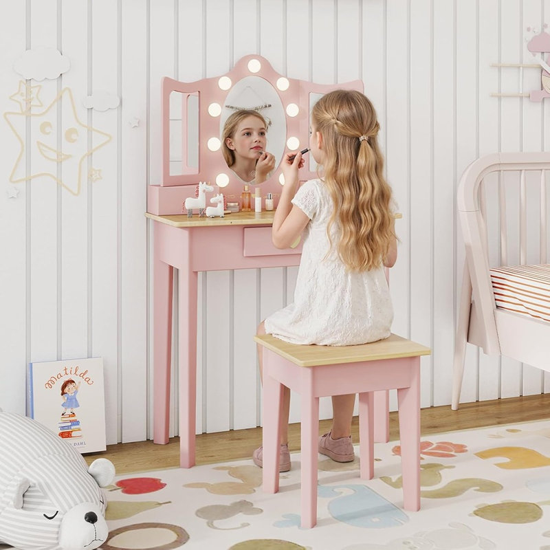 Vanity, Girls Vanity Desk With Led Changing Lights, Pretend Play Princess Vanity Set, Wooden Toddler Makeup Desk Dressing Table With Drawer And Chair (pink)