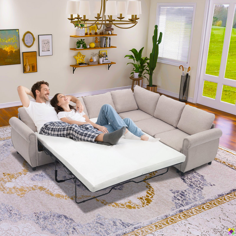 Loette 104"W Convertible Fold Out Sectional, Sofa Bed with Mattress, Beige