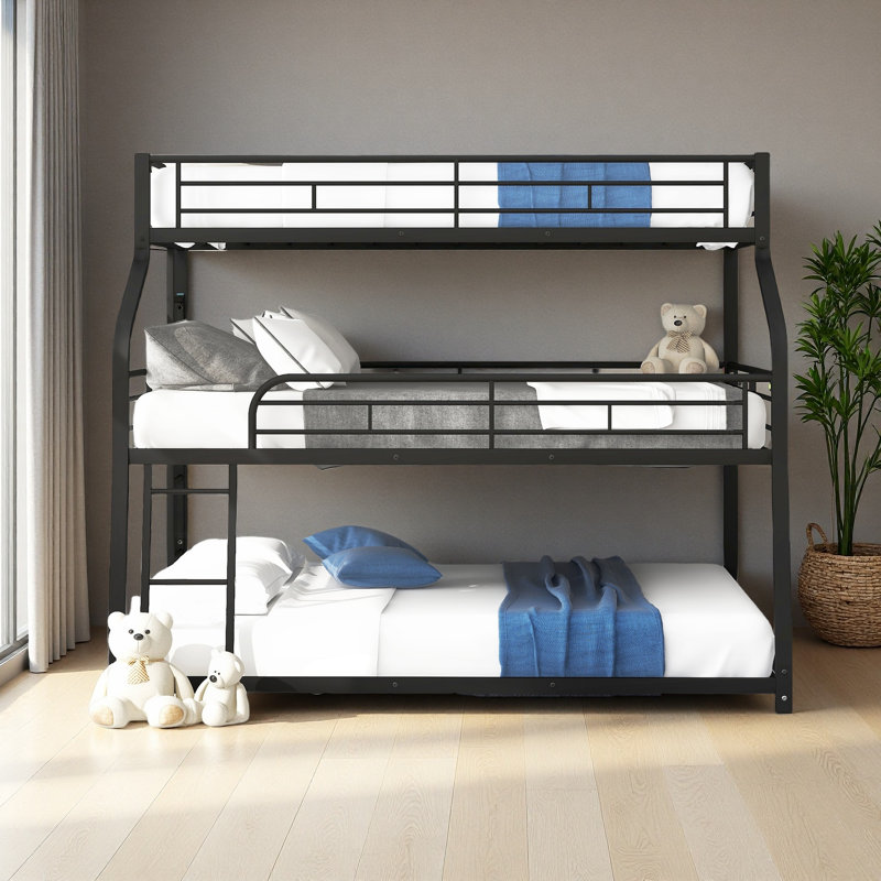 Triple Bunk Bed With Long And Short Ladder And Full-Length Guardrails