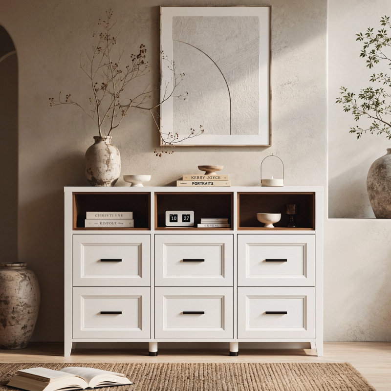 Commode 6 tiroirs avec 3 casiers ouverts en noyer, commode avec compartiments de rangement pour la chambre à coucher, Blanc