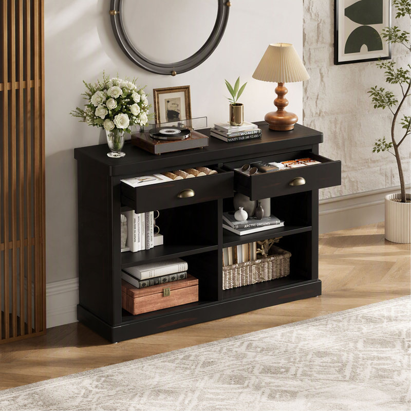 Console avec 2 tiroirs et tablettes de rangement ouvertes, table d'entrée pour le salon, le couloir et la salle à manger (espresso) TREXM