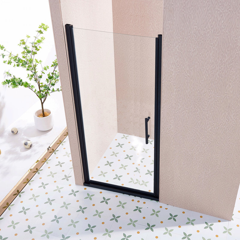 Porte de douche simple à battant - Alliage d'aluminium noir mat, verre trempé transparent de 1/4 po (6 mm) d'épaisseur