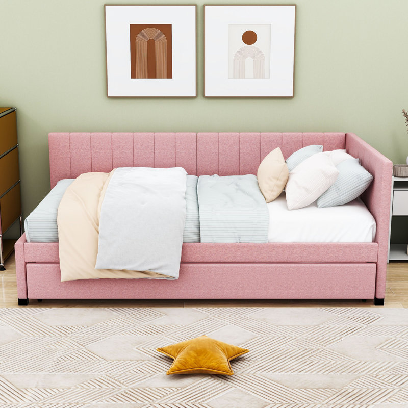 Linen Upholstered Daybed with Twin Trundle, Twin, Pink