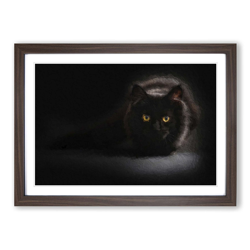 Black Cat with Yellow Eyes - Picture Frame Art Print on MDF, Walnut Framed, 36cm H x 48cm W x 2cm D