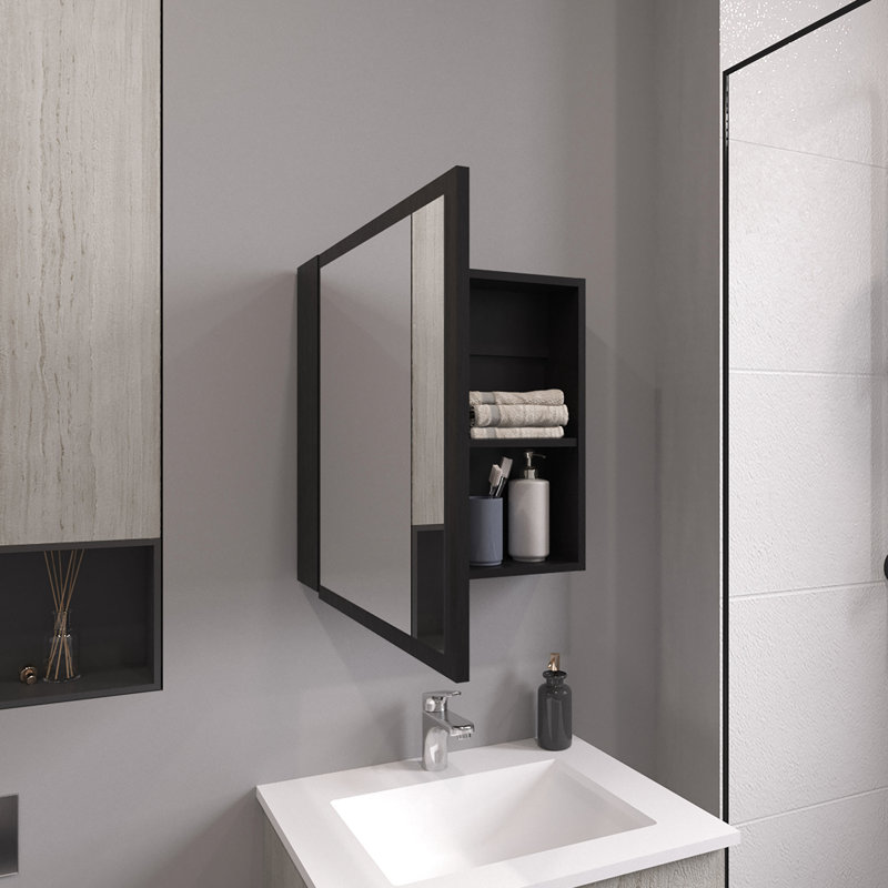 21.1" H X 19.7" W Mirror Cabinet For Bath And Kitchen, Black, 4 Shelves & Towel Rack Bracket Medicine, Black