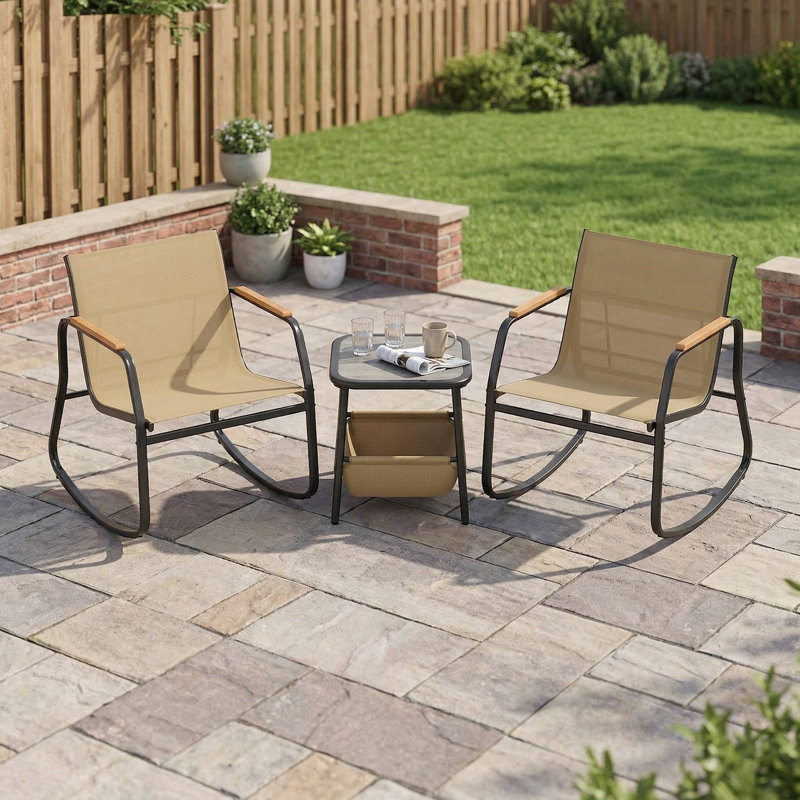 Ensemble bistro 3 pièces toutes saisons, 2 chaises berçantes à glissement en douceur, 1 table d'appoint robuste avec sac de rangement assorti pratique, convient au patio, à la cour ou à la terrasse