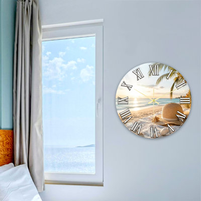 Landscape & Nature Beach Sunset Palm Tree Straw Hat Scene Ultra Clear Glass Wall Clock