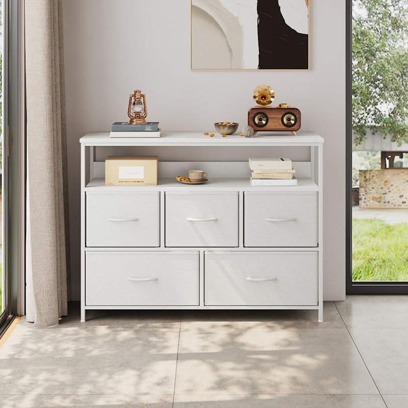 Multi-Function Steel-Wood 5-Drawer Storage Cabinet with Fabric Drawers, and Power Outlets, White