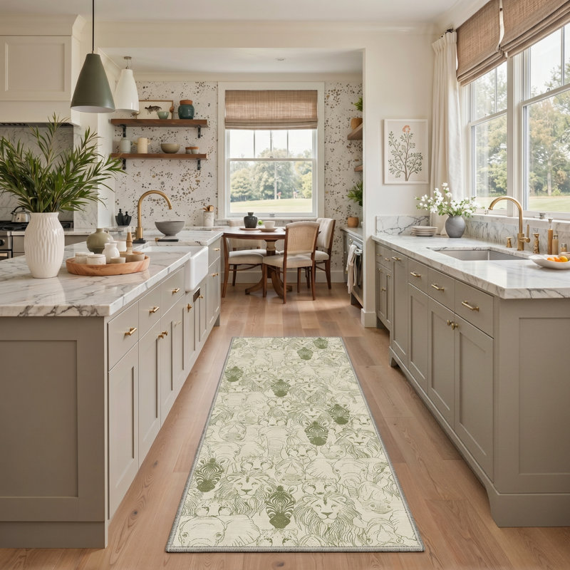 Safari Silk Animal Print Machine Washable Green / Beige Indoor Area Rug with Non-Slip Backing, Runner 2' x 7'