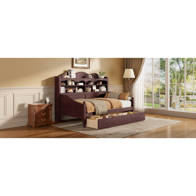 Twin Daybed With Storage And Shelving, Retro Style, Rounded Edges, Safe In Home Use Drawers, Size, , Open Shelves For Books