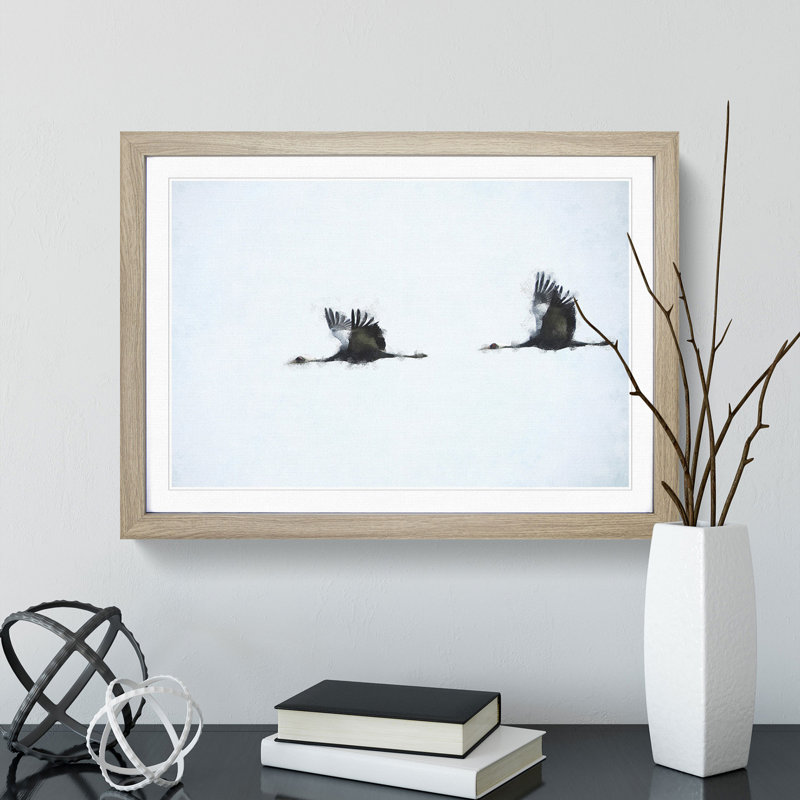 Flying Crane Birds - Framed Print, 36cm H x 48cm W x 2cm D, Oak Framed